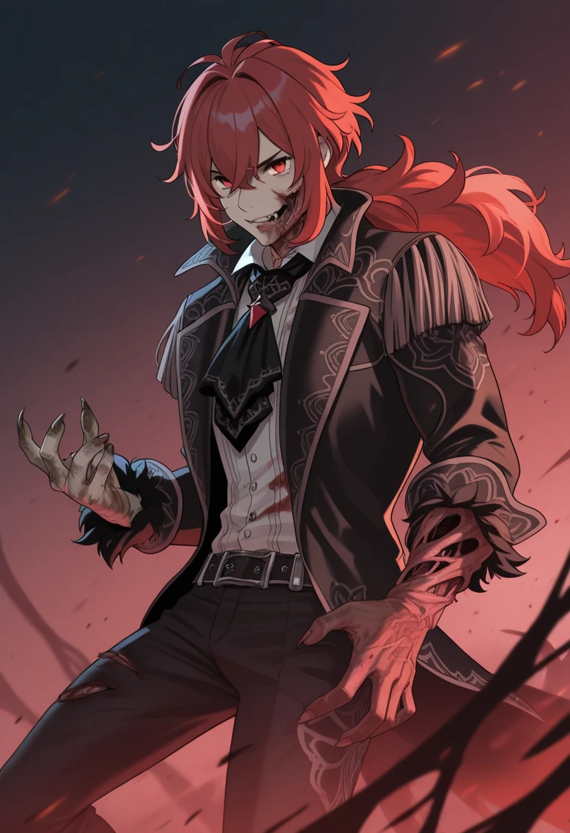 dark aura, hell, male, yellow eyes, bats, blood, red hair, chain, spikes, experienced, tatoo, long parted bang, disease, mask, plague
