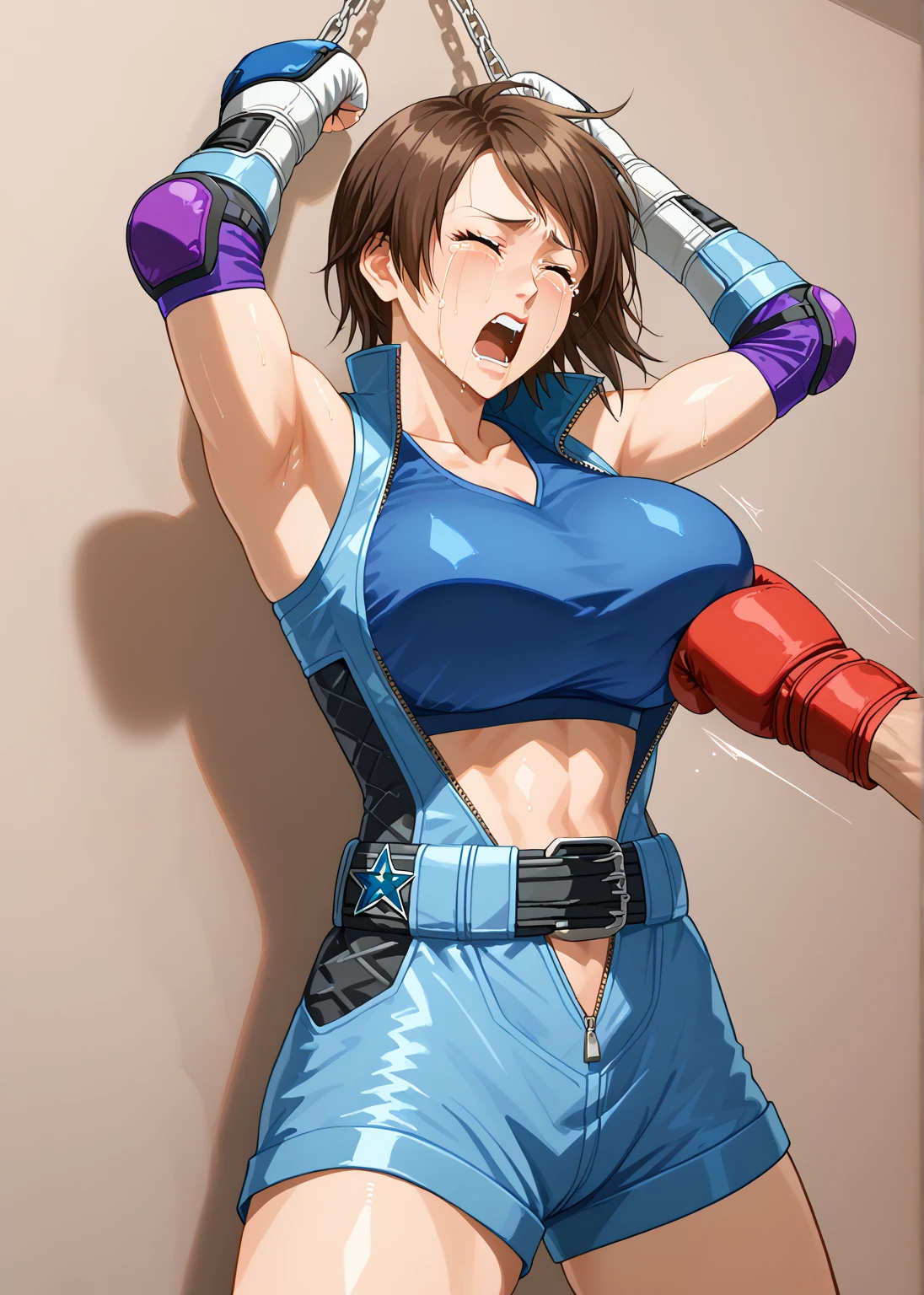 Browsing Caution, (Best image quality,highest quality,Highest Resolution, Ultra-Realistic Images,Very detailed,masterpiece),Asuka Kazama,Kazama Asuka,((Sticky with sweat)),Big Breasts, Erect nipples, (((Large areola))),(((Exposing the breasts))),jeans, Abdominal muscles, blush, Eyes in Love, Dynamic pose ,Browsing Caution,