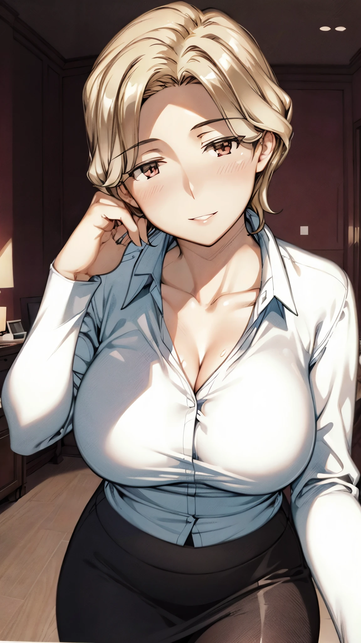 (super quality,super high resolution,16k,Super Masterpiece,Ultra HD ,detailed shading and background,)sexy mature woman,sexy white shirt with cuffed sleeves,cleavage,necklace,Big Breasts,tight skirt,cover,maternal smile,thick lips,living room,Leaning forward greatly,