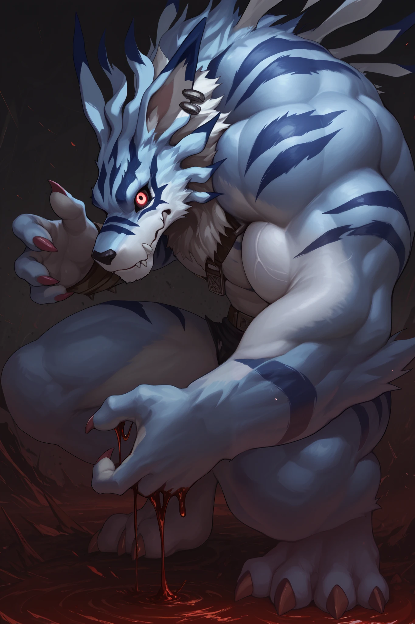 weregarurumon ,blood eyes,blue and white body , glowing, dark sclera, solo, furry, muscular male, 1boys,
肩带, torn 牛仔裤 , close up, detailed eyes, side view , looking at viewer, hyper muscular,full body
, masterpiece,best quality,amazing quality,