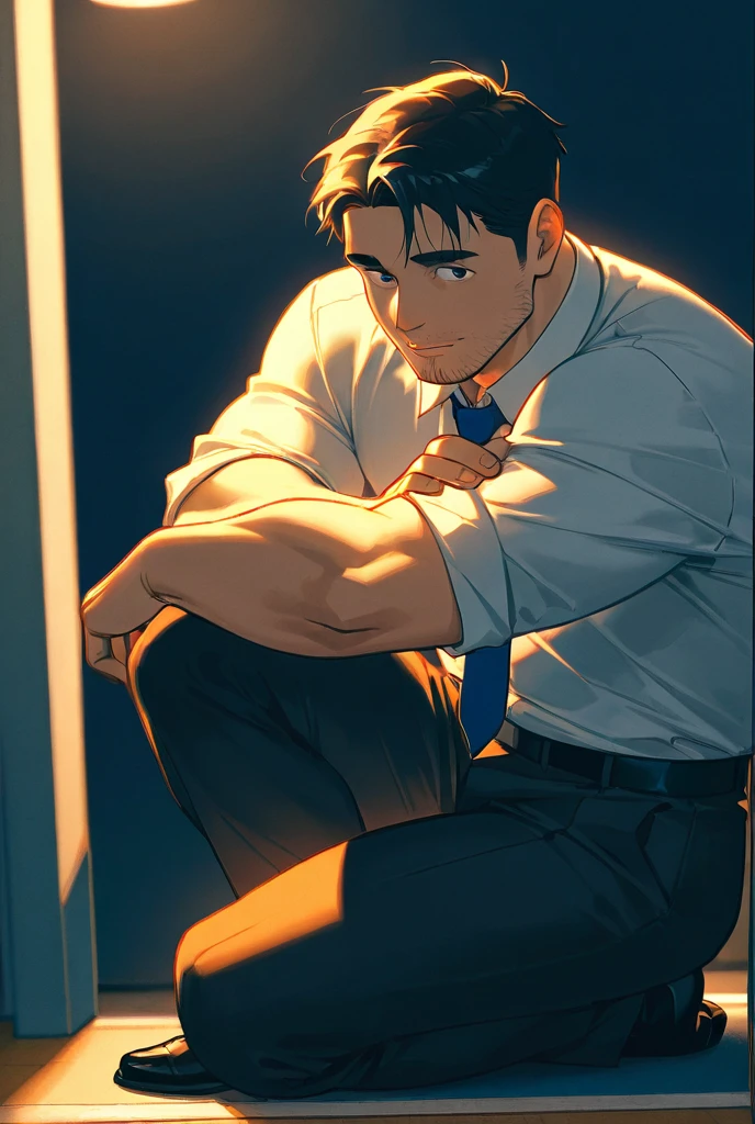 (1 Adult male),A high resolution, Sharp focus, Pixiv masterpiece, ((Complicated details)), highly detailed, natsuki_subaru, 1 man,perfect male figure,Urine on the trouser leg, Nervously bow your head,is shy,embarressed,exhilarated,is shocked,panicking,worry,A pool of urine formed around him,Very eager to pee,Unbearable,Wet yourself,Urine discharge,full bodyesbian,sit astride,Tired,decadent, blue color eyes(eyes glowing), Black hair short hair,white shirt,Wear a tie,Wear a belt,trousers,perspire,Drenched,Get wet,pissing,urine flows down the pants,look from down