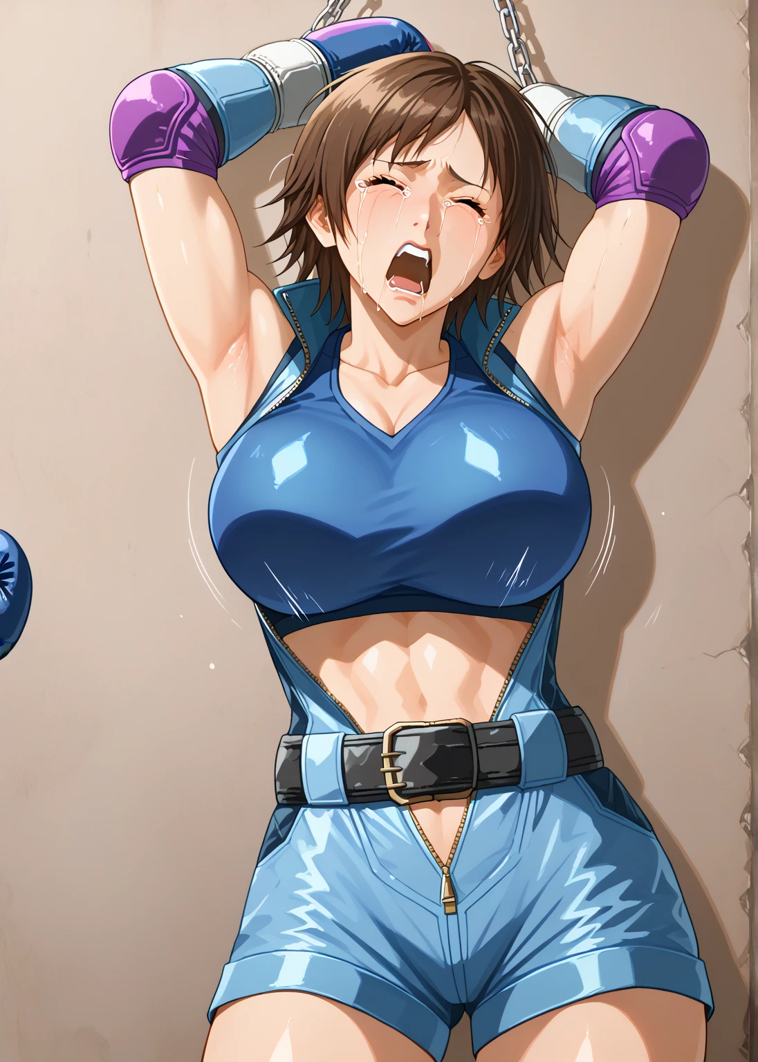 Browsing Caution, (Best image quality,highest quality,Highest Resolution, Ultra-Realistic Images,Very detailed,masterpiece),Asuka Kazama,Kazama Asuka,((Sticky with sweat)),Big Breasts, Erect nipples。Tight sports bra, ((Exposing the breasts)),(((Show under the chest))),jeans, Abdominal muscles, blush, Eyes in Love, Dynamic pose ,Browsing Caution,