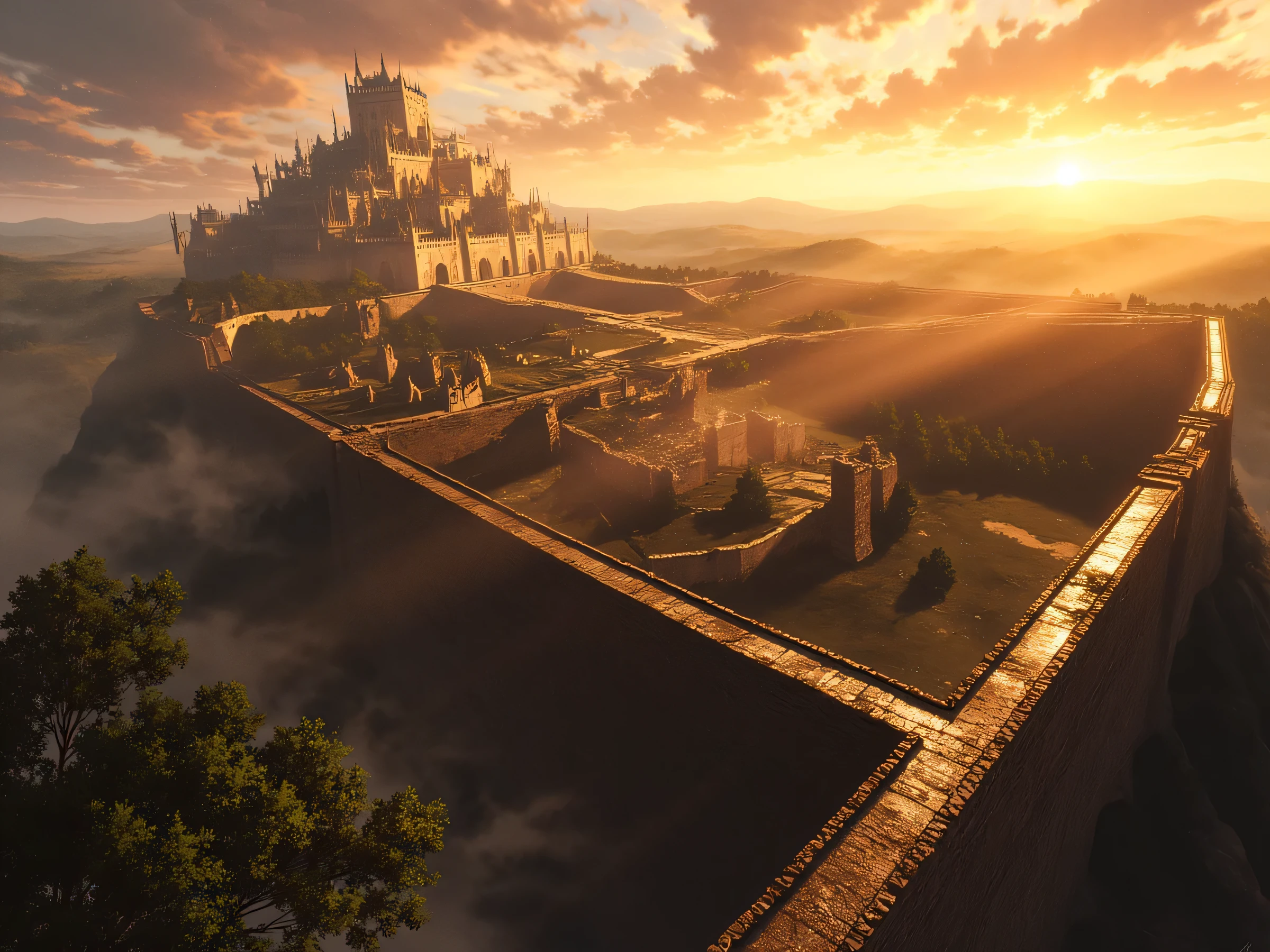 
A massive fortified city, surrounded by towering stone walls, stretching endlessly into the horizon. The golden light of dawn illuminates the colossal structure, casting long shadows over the cobblestone streets below. In the distance, the silhouette of a ruined district, remnants of a past battle, adds a haunting beauty to the landscape. The air is crisp, carrying the faint sounds of life awakening inside the walls. The sky is painted in soft orange and pink hues, with wisps of clouds drifting lazily.
(Epic fantasy composition:1.3), (detailed architecture:1.2), (complex lighting:1.3), (soft atmospheric haze:1.2), (intricate stone textures:1.2), (subtle destruction details:1.1), (realistic depth of field:1.3), (soft golden glow enhancing realism:1.2).