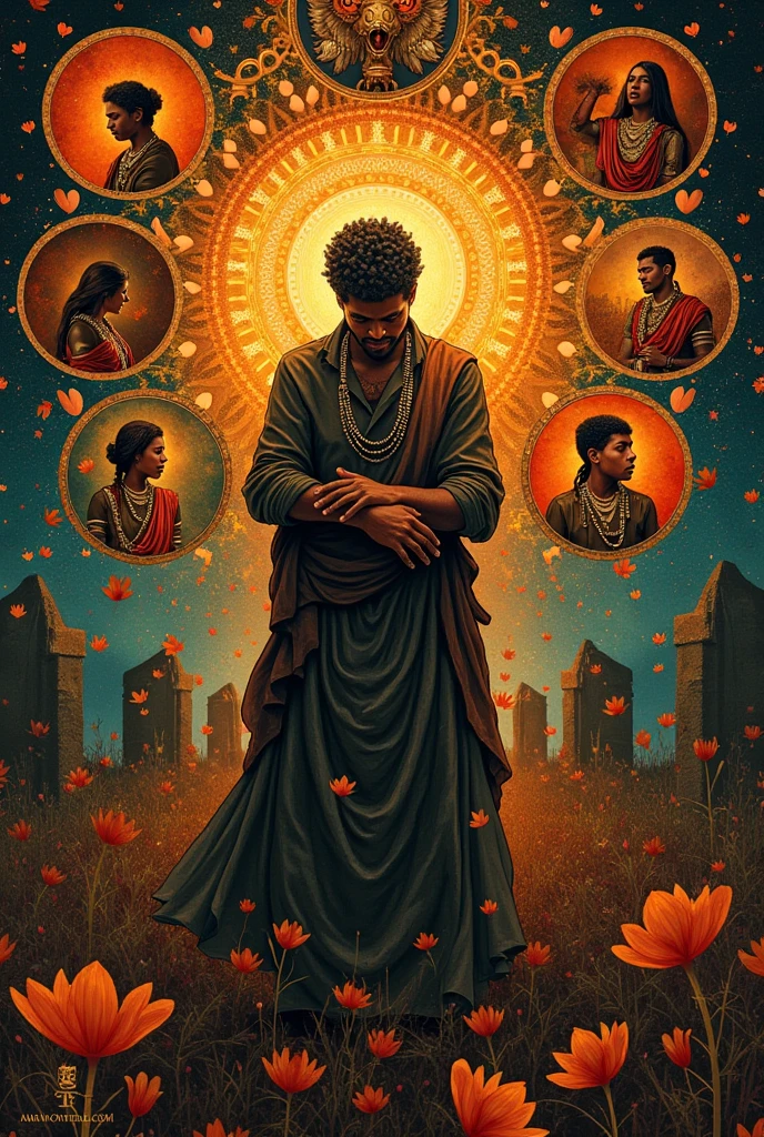Lord krishna with full Black tone sitting on rock casually as common man with hus friends in a red sky evening 