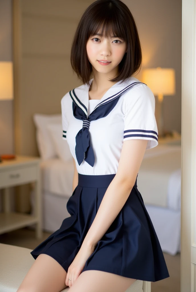 1girl, sit on a chair, full body, Japanese, (12 years old), middle School girls, simple white shirt, short sleeve, open clothes, (off shoulder), middle breast, (cleavage), navy blue skirt, thighs, (12 years old face), black hair bob cut, smile ,classroom