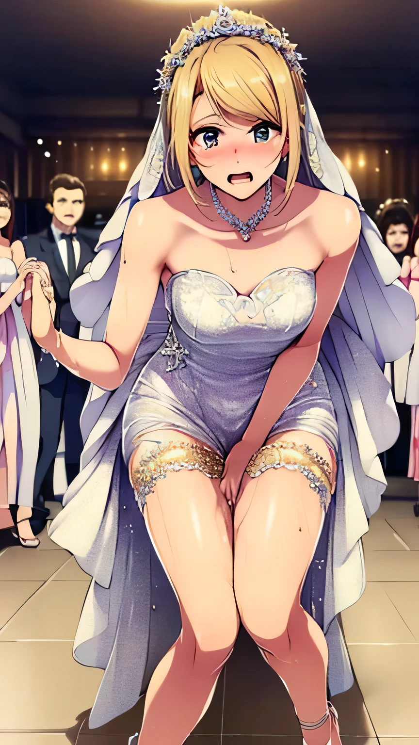 ((highest quality)), ((masterpiece)), (detailed), （Perfect Face）、The woman is Shinobu Kochou and has purple hair.、（Wear a gorgeous, voluminous, shiny purple see-through wedding dress, a purple see-through wedding veil, and a purple see-through wedding cape.、She wears jeweled earrings and necklaces, bracelets and ankles, jeweled waist chains and head dress chains, a gorgeous, open, detachable, see-through dress skirt, purple shiny high heels, and a gorgeous engagement ring.）、（At the wedding hall, she smiles and hugs a man in a tuxedo, and the wedding is held at a church wedding hall, where she exchanges a passionate kiss with the man.）
