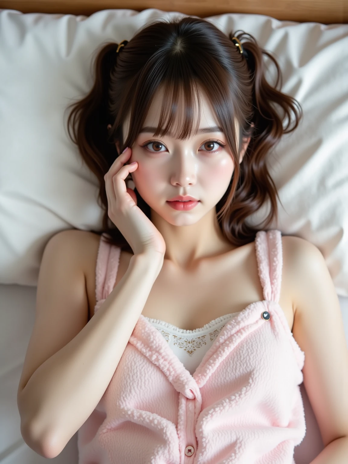 (1 woman、Japanese、30 years old、Refreshing、clear、seems kind、stylish、(narrow eyes)、Pitiful、cute like an angel、cute、black eyes、Idol,actress,),(very cute)、(chestnut hair:1.4),(curly hair:1.4),(medium hong hair),(enchanting eyes),(highlight on eyes:1.4)、(8K、Live shooting、highest quality、masterpiece:1.2、optimal lighting)、((masterpiece)),(Photo taken by a professional photographer),(real、photo real:1.4),{ (Pink theme:1.4),(nurse costume),(nurse)},(cleavage,) break, break,(Hospital,hospital room),(on the bed),(night),break,,break,(smile)( Shy),(face shot),(Lying on the bed, face facing the viewer:1.6)