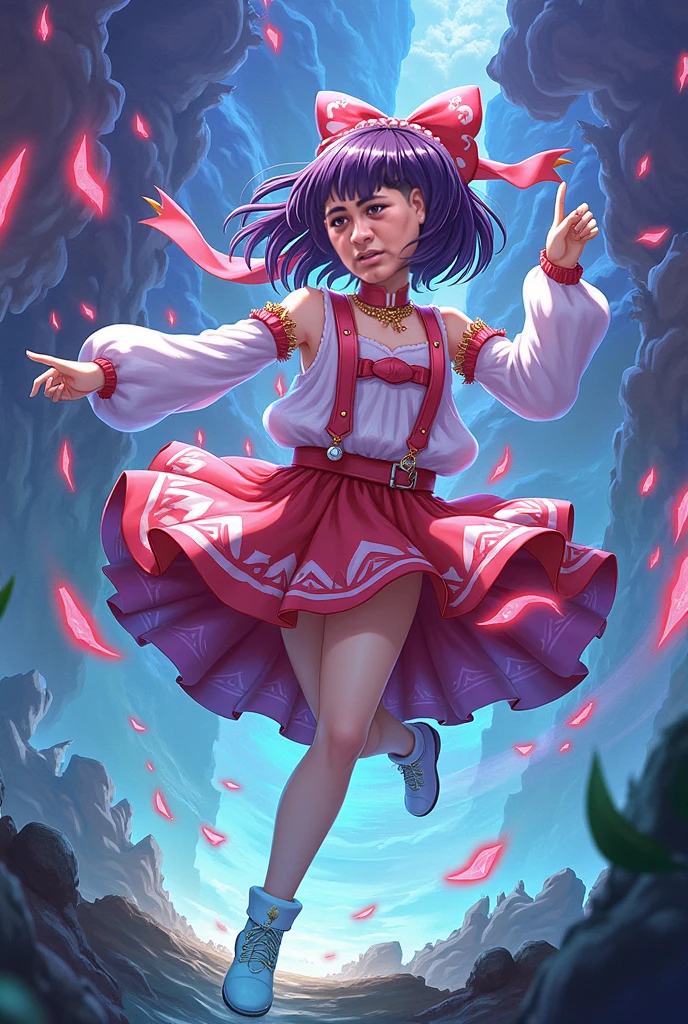 (photorealistic,masterpiece, best quality, ray tracing, volumetric lighting, ssao shadows, detailed, intricate, colorful), ebony skin, afro hair, ebony skin, black skin, wearing long trauser,
face laughing, full body, 
flandre scarlet,1girl, afro hair,mob cap,hair bow,bowtie,wings,short sleeves,vest,