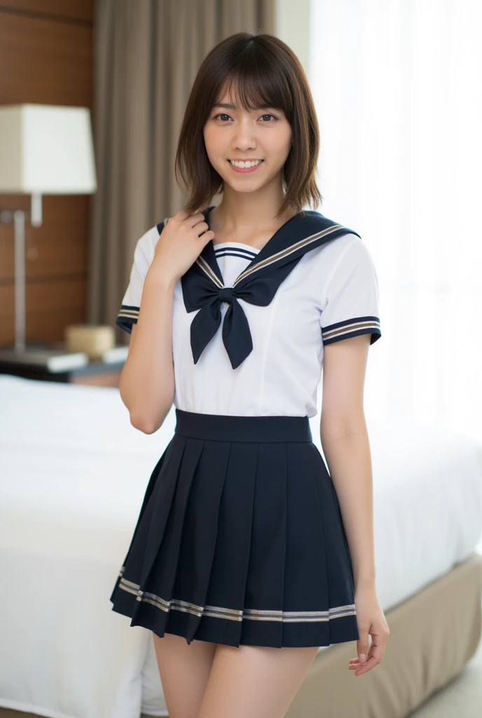 (masterpiece,Highest quality,High resolution,Realistic:1.2),(1girl:1.5),((High school girls wear short-sleeved white sailor uniforms:1.2),(Short checkered pleated skirt),White panties slightly exposed:1.2),(Smiling with teeth showing:1.3),(Bobcut, Black Hair:1.3),(Reduce exposed skin,Belly not exposed:1.2),(Cowboy Shot:1.5),(16 year old Japanese female:1.2),(School corridor:1.3), (Camel Toe:1.3), (Thick thighs:1.2), (A is a view from below:1.4)