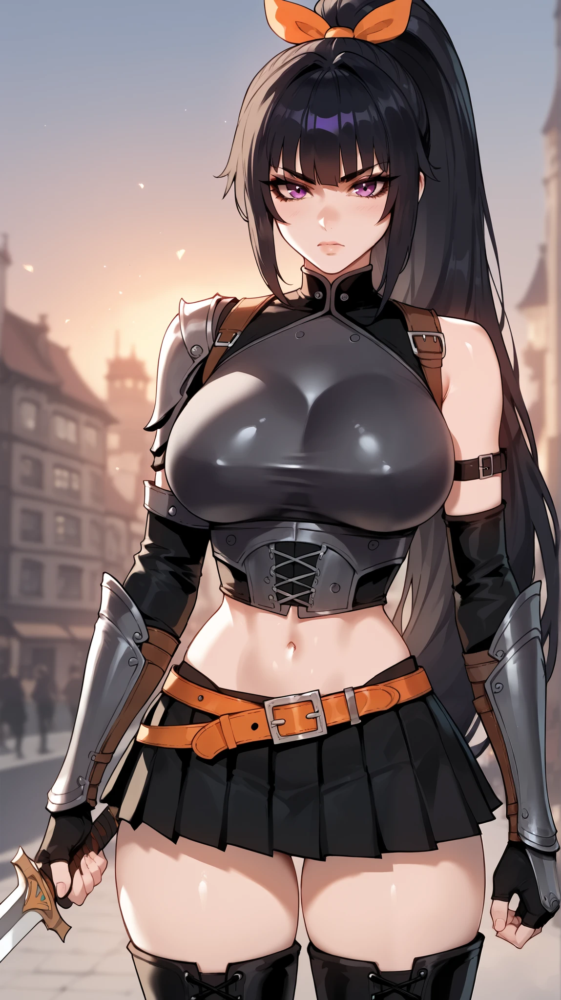 purple eyes, black hair, long ponytail, choppy bangs, iron breastplate, black crop top, midriff, large breasts, fingerless gloves, elbow sleeves, pleated miniskirt, black skirt with orange accent, holding sword, dark breastplate, black knee high boots, leather armguards, orange belt, large orange ribbon, medieval city, sunset, dark breastplate with shoulder straps, metal breastplate