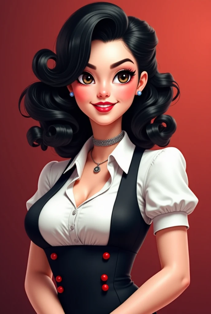 A tall sexy girl with a big chest and longer black hair with red eyes wears a white button-down shirt tied with a knot and shows her navel and her black leather miniskirt and puts on a red glove on her hand and smiles happily well-educated and learned