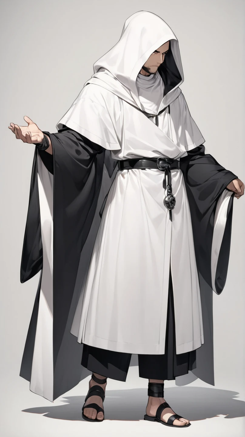 full-length, tall man, white robe, pumped-up arms, cracks on the body