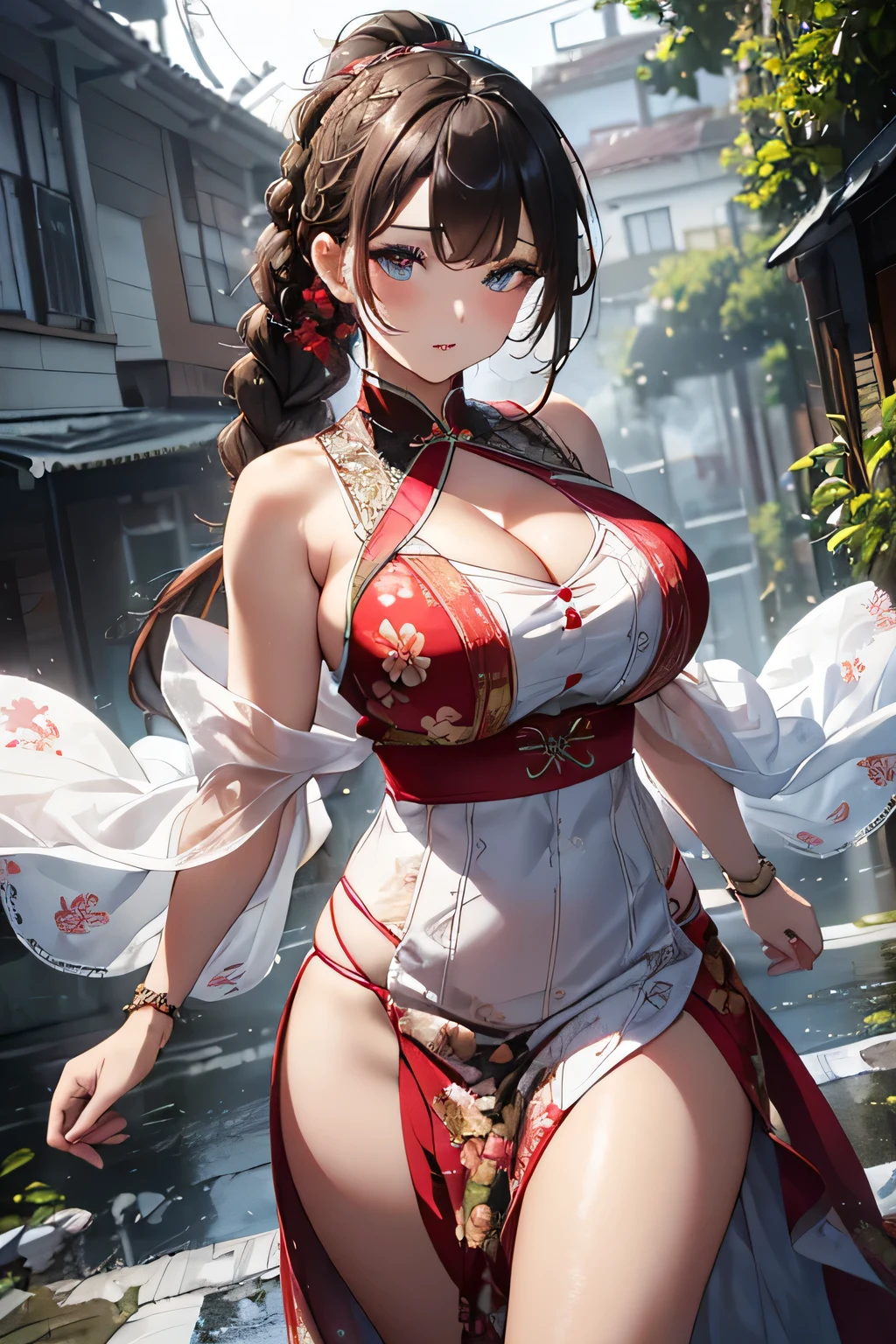 Armpit Show,masterpiece,Highest quality,High resolution,The finer details,alone,Adult female,blush,Curvy,Large Breasts,Sweat,Oily skin,((Cheongsam with pink embroidery)),(Chinese-style castle),front