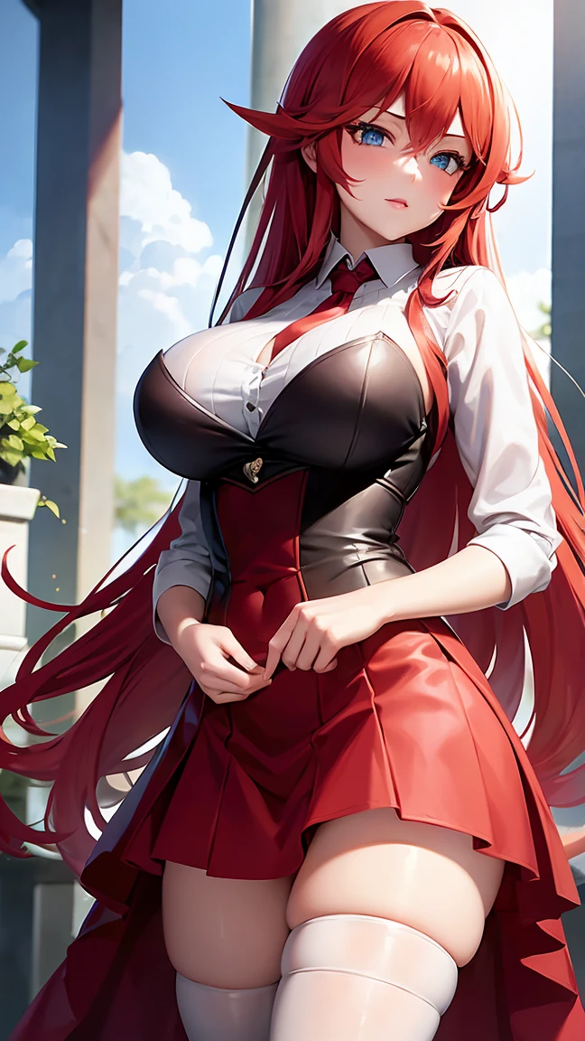 1girl face,red hair, wide hips, smile,, 1girl, large breasts, huge chest, very long hair,, skirt, school uniform, shirt, corset, outdoor, slim body