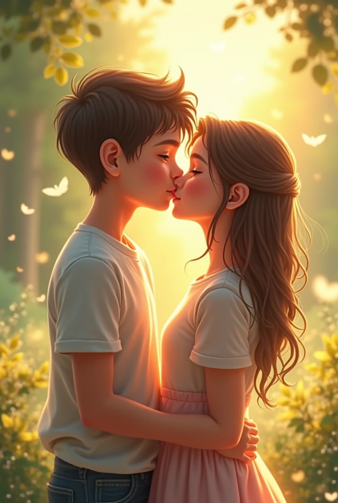 Image of a boy looking lovingly at a girl, the boy has a t-shirt with the initial C and the girl has the initial R