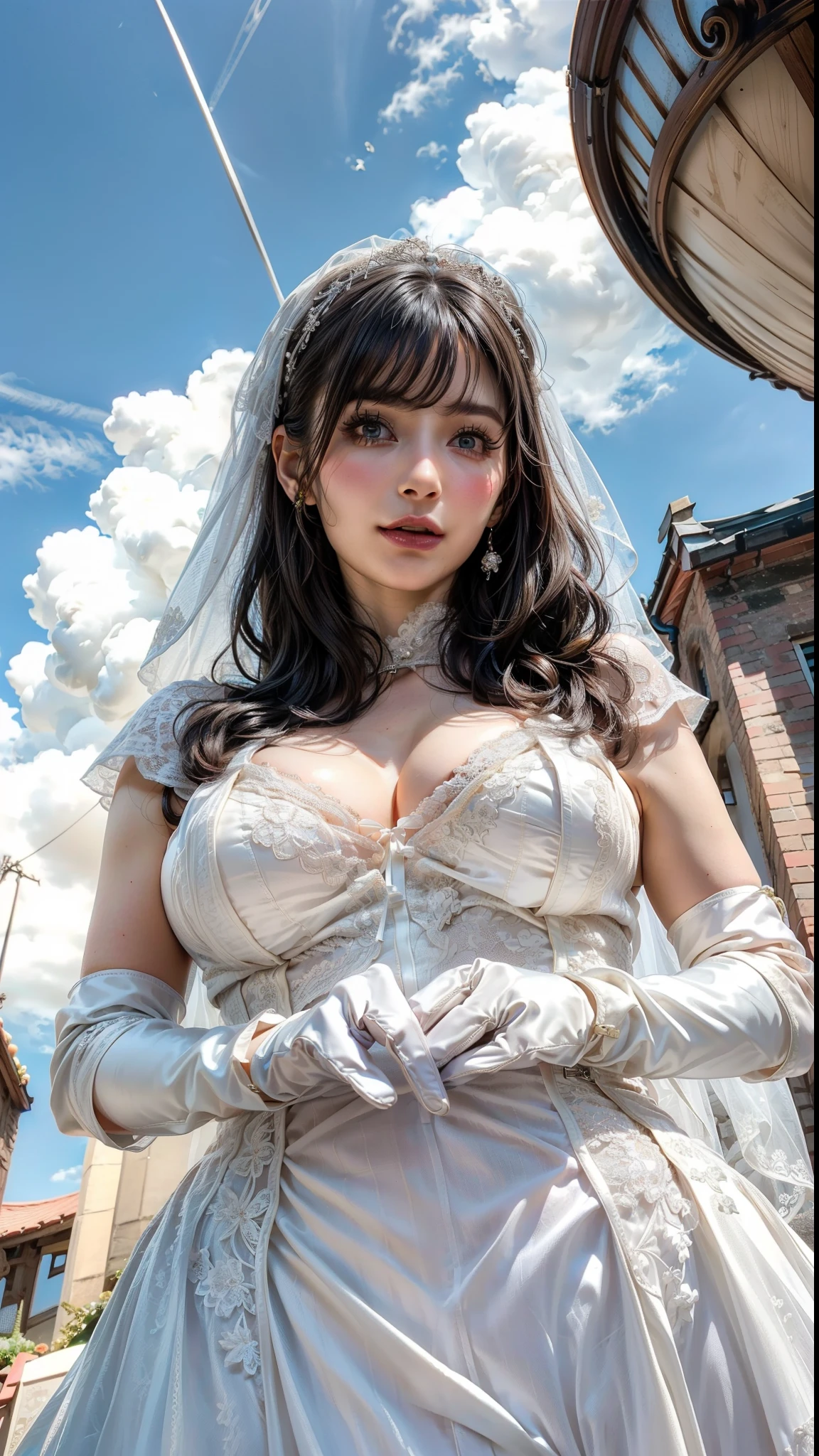 (64k, UHD, Raw photo, highes, Best Quality, mastepiece:2.0), (Ultra-fine depiction of details:3.0) a 18 yo woman, (JK in maid dress:1.9), (cowboy shot, full body shot:1.3), (long black hair, single braid bun, double bun), bright theme, cherry blossoms, (closed mouth with a faint happy smile), (perfect body, perfect figure), (perfect slender body), (medium breasts, sexy cleavage:0.7), (perfect, flawless, natural skin texture, hyperrealism, effective front light, sharp), (perfect and effective front lighting:1.4)