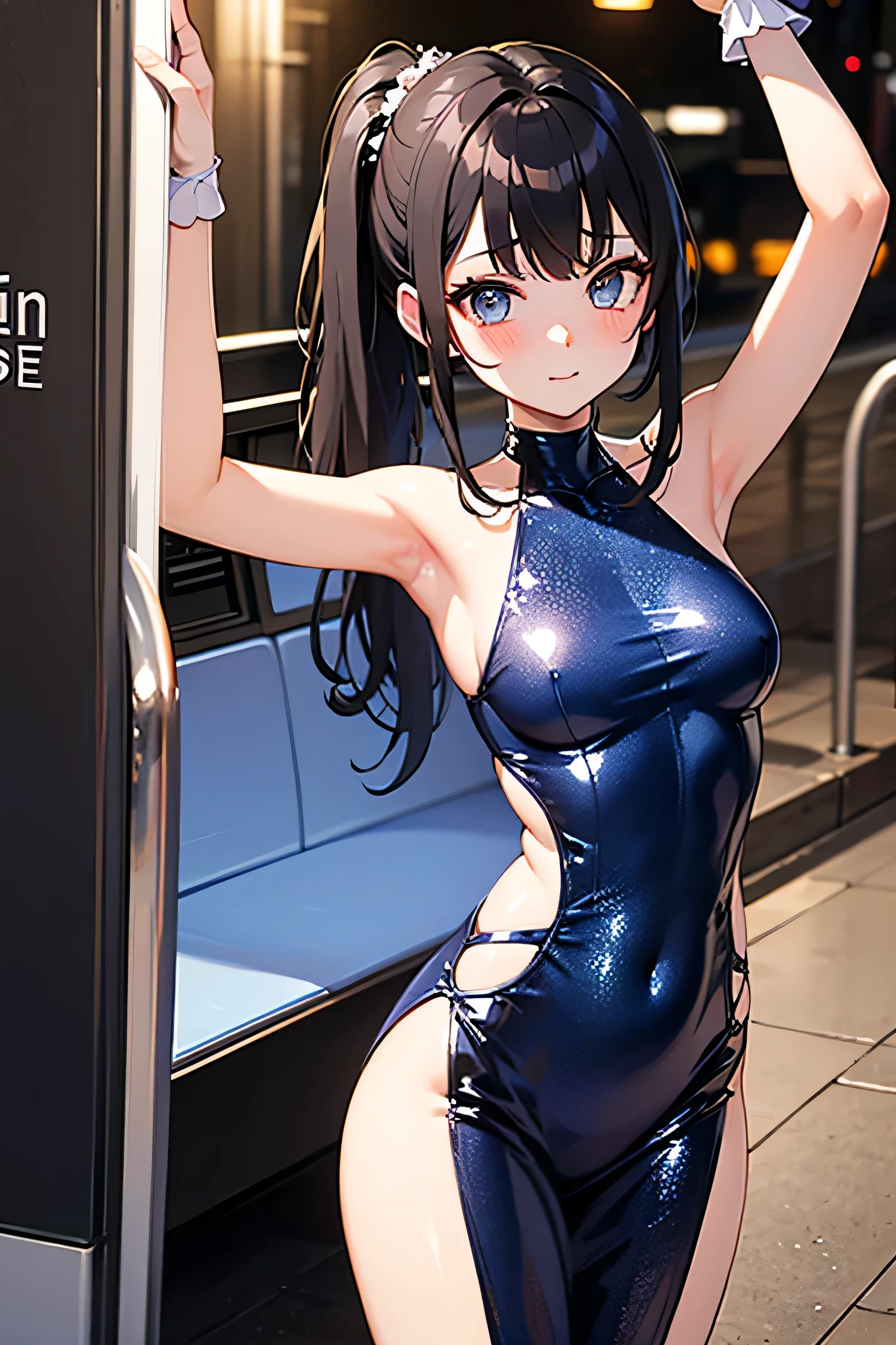 a standing woman. Yamanaka Ino, tight black cocktail dress, short dress, strapless, medium breasts, front, showing underwear, white lace thong, medium glutes, legs open, whole body, perfect body, perfect legs, perfect arms, perfect hands, perfect feet, Masterpiece, Super High Resolution, evening, lobby, pose sexy, View from below