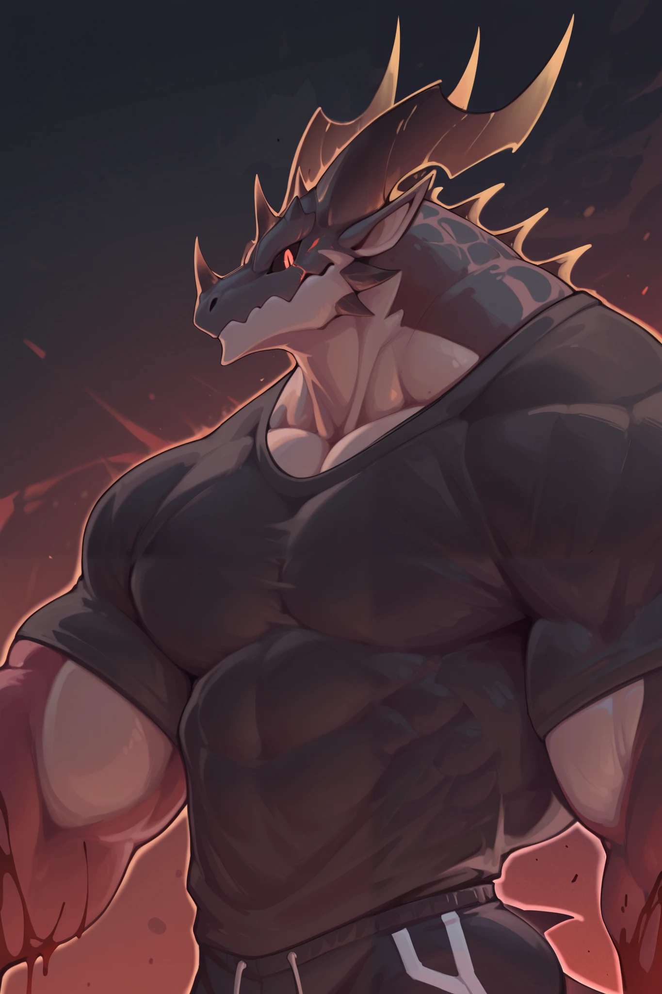 wolfanine,  Dragon, horns ,blood eyes, glowing, dark sclera, solo, furry, muscular male, 1boys,
T-shirt, shorts, close up, detailed eyes, side view , looking at viewer, hyper muscular



, masterpiece,best quality,amazing quality,