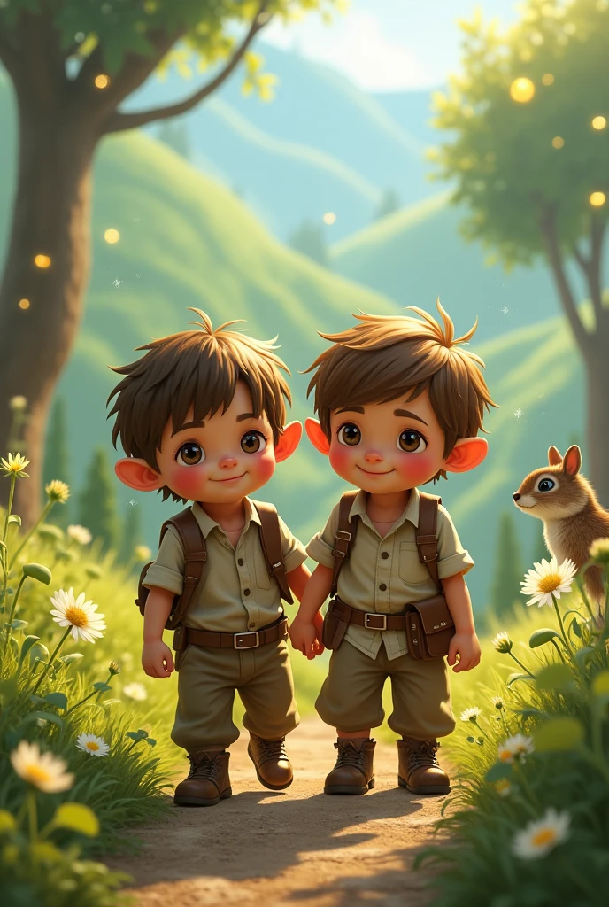 Adventure teddy bears, The forest serves as a background for various full-body poses and expressions of joy, anger and sorrow, Simple, Children's book 3D style, for , colours, Short brown curls, Solid color, Wear adventure clothes,without book, Without glasses, Bring a backpack