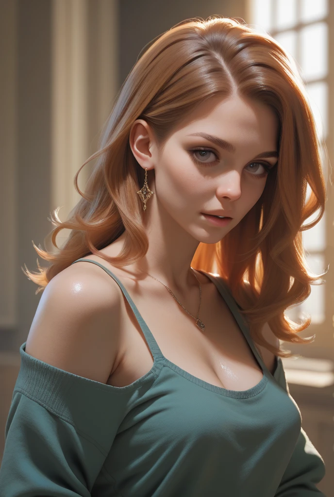 (masterpiece, photorealistic:1.4, extremely intricate:1.3), (photon mapping, radiosity, physically based rendering, ultra resolution, hyper-realistic, photorealistic:1.4, hyper-realistic, 8K), ((((19year teenage (closeup protrait), chest, [supermodel:athlete:0.8], wide eyes, long lashes, [medium breasts:large breasts:0.7]), long curly cascade ([bright orange hair:blonde hair:0.6])), [makeup:freckles:0.8], red lips, necklaces), clear green eyes), smirking, gasp, BREAK, ((indoor, bedroom, black walls, soft cinematic, ambient shadow, (black velour robe)))
