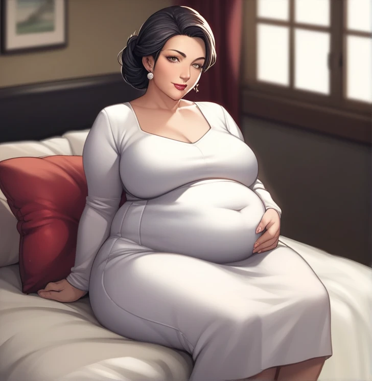 (masterpiece, top quality, best quality, official art, beautiful and aesthetic:1.2), (1girl:1.3), (gorgeous face), light freckles, fair skin, brown hair, extremely detailed, portrait, looking at viewer, solo, (full body:0.6), detailed background, close up, (airy modern theme:1.1), extremely busty pregnant woman, ponytail, big lips, hand on belly, charlatan, warm smile, mysterious, standing in the living room, t-shirt, leggings, windows, modern apartment, well-lit, thin and toned physique, ((((gigantic breasts, gigantic boobs, pregnant)))), slim waist, slim hips, long legs, modern (apartment interior:1.1) background, dark mysterious lighting, shadows, magical atmosphere, dutch angle,