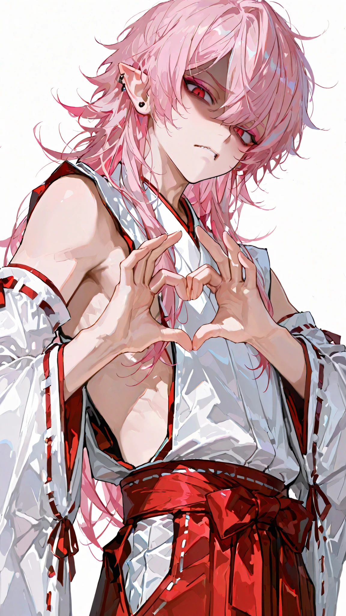 1male,handsome,top quality,high quality,masterpiece,beautiful young man, lean, 6 foot tall, miko, side boob, vampire, detailed face, Gothic, ta fashion, simple background, long hair, multi colored hair, shrine maiden, pointy ears, visual kei style, pink hair, studs, piercings, (masterpiece:1.2),(highest quality),(super detailed),(ultra-high resolution), sub culture, cardigan, flawless smooth skin, detached sleeves, White background,high fashion, dramatic lighting, newest, male focus, adult male, perfect body proportions, heavy black eyeliner, pink eyeshadow, long messy hair, (contempt, disgust,shaded face,looking at viewer,frown),heart-shaped gesture, close up, BREAK masterpiece,best quality,very aesthetic