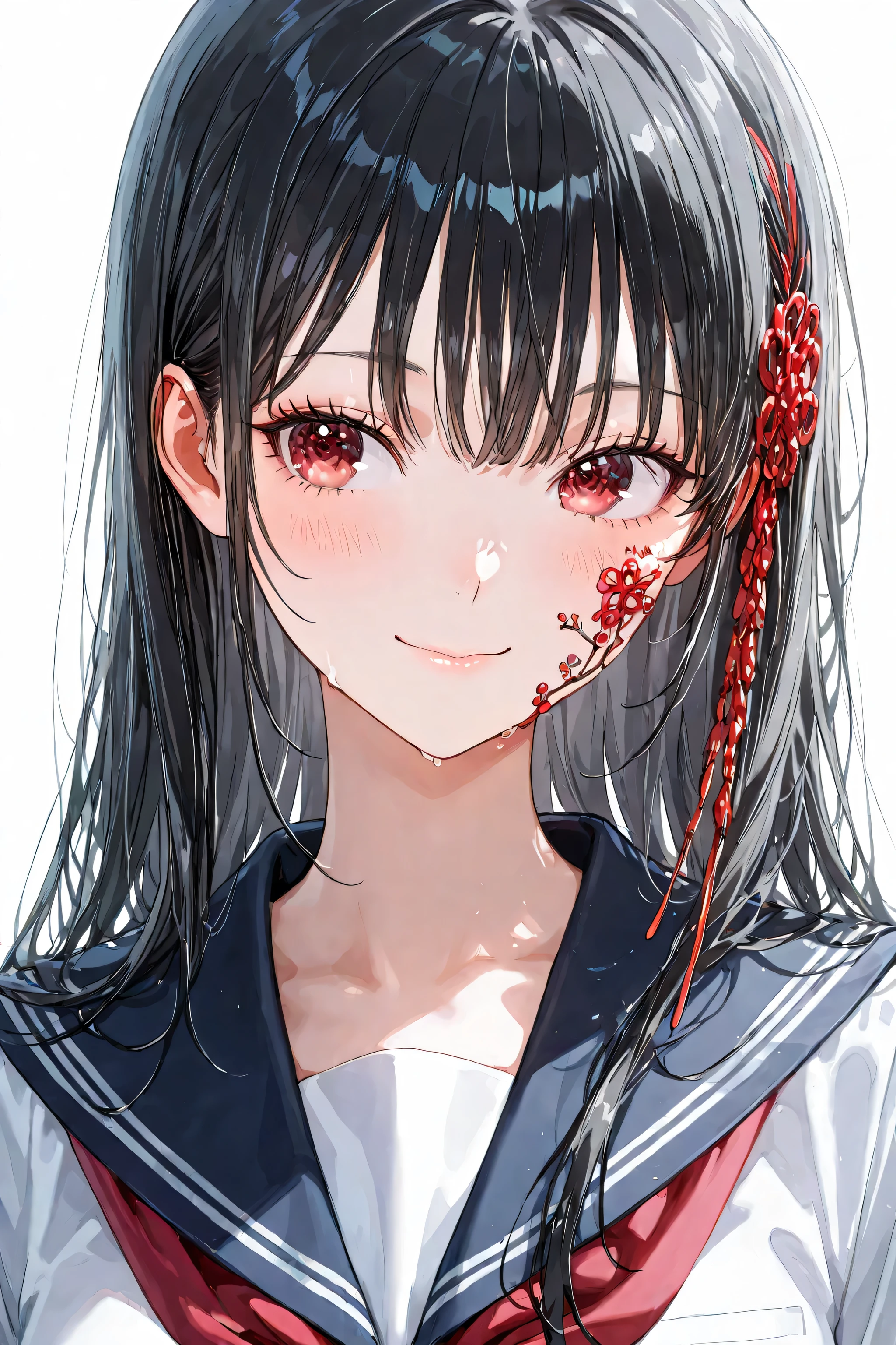 masterpiece, detailed, soft lighting, anime girl with long black hair, red eyes, school uniform, white background, simple background, intricately eyes, intricately hair, sweet smile, facial portrait, intricately clothing, 4k