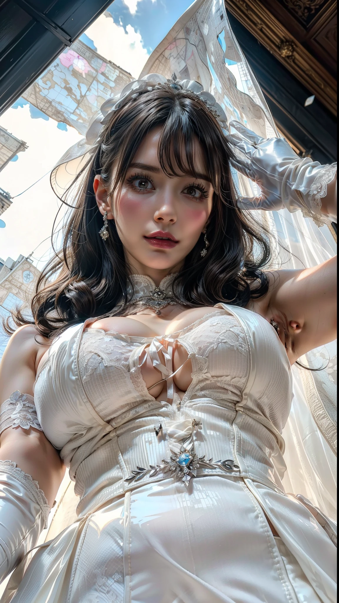 8K, RAW Photos, Fujifilm, Beautiful 20 year old woman style photo, (((Gray Hair:1.3,美しいGray Hairのストレートヘアー、シルキーなGray Hair)))、((( Wearing a white off-the-shoulder dress:1.5,))) Gold earrings, (Highly detailed skin: 1.2), Light medium brown hair, Film Grain, 35mm, Cute Style、On the bed、(((White lace bra 1.5)))、See-through 1.5、High Leg 1.5