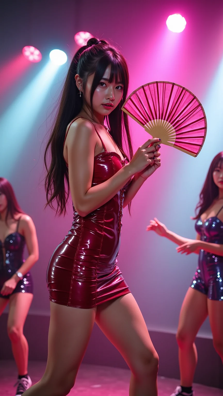 (asian Chinese beautiful face),((Chinese sexy face)),((Chinese very sexy model)),((masterpiece)), (detailed), perfect face,big boob,big booty,(tight very sexy bodysuit),((very sexy pose)),((very sexy outfit)),(exotic outfit),((full body)),exotic pose,(thin),((sexy long legs)), ((beautiful legs)),slim skinny,((very sexy high heels)),on stage,(on runway),aespa karina,,(sexy hair many color),((young teen)),((tight sling dress)),(shiny color full miniskirt),(tiny g-string),((color hair)),((nipple slip)), excited teasing pose,horny smile,lace dress