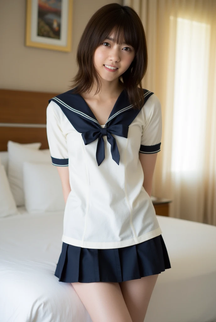 1girl, japanese gravure model, cute beautiful girl, large breasts, firm breasts, clean face skin, smile shyly,
BREAK
(sexy feeling:1.2), (erotic feeling:1.2),
(hot-pillow hotel's room:1.2), (Immediately after sexual intercourse:1.3), (japanese high school uniform with sailor collar:1.2), sailor uniform, red scarf, (pleated check skirt:1.3),
(dynamic angle, dynamic pose:1.3),
BREAK
masterpiece, best quality, highres, detailed skin, detailed, detailed face and eyes, hi-res, natural lighting, perfect anatomy, physically-based rendering, photorealistic, symmetric clear eyes, well-groomed face,