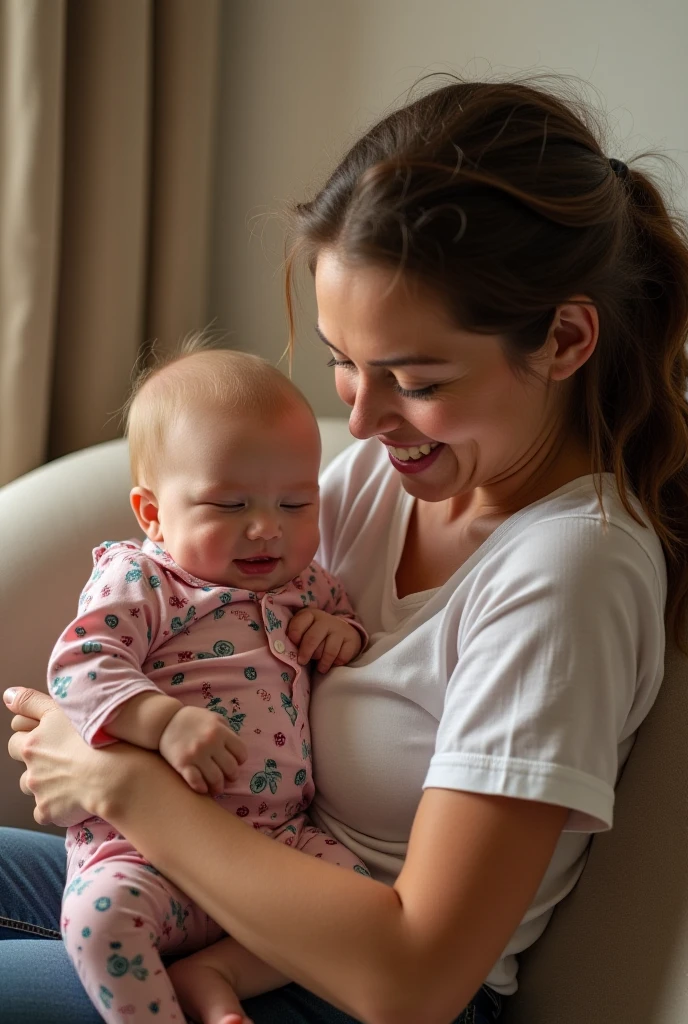 A mother holding a baby in a pink outfit, with a tired look, but loving. The baby smiles at her.
