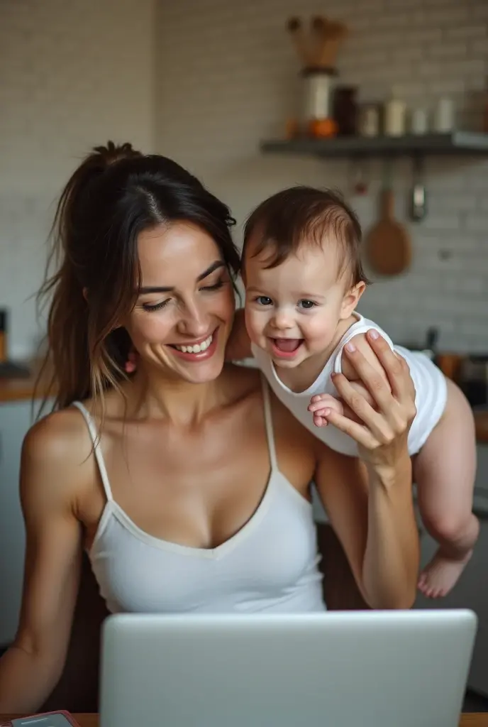 super realistic image of a mother smiling and happy with her baby. She is wearing a tank top. She is playing with her baby by lifting him up with his arms. They are in their house with simple walls and exposed bricks. The house is very simple. She is sitting on a chair in the kitchen of her house in front of a table with a laptop.