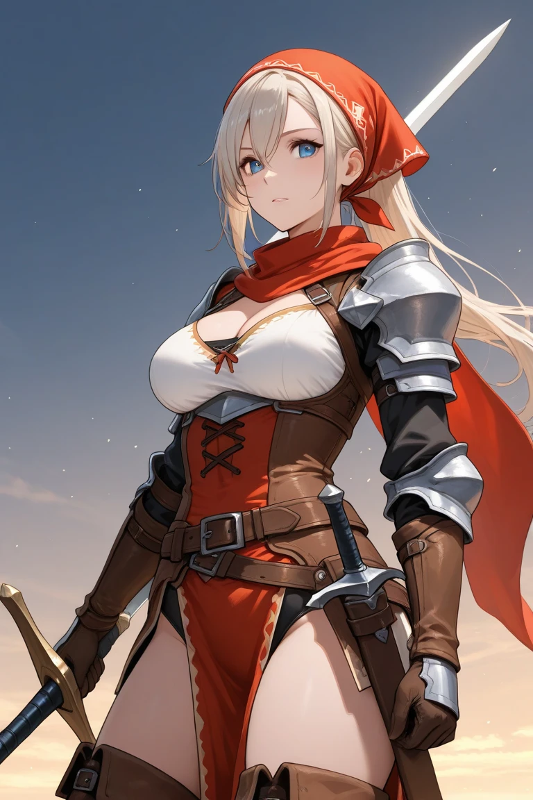 (masterpiece, best quality:1.2), cowboy shot, solo, 1girl, elie macdowell, smile, looking at viewer, hair ribbon, hairband, green eyes, ragnarokascross, gloves, vambraces, red scarf, large breasts <lora:elie-nvwls-v2-zero:0.8> <lora:attire_ro_assassincross-10:1>