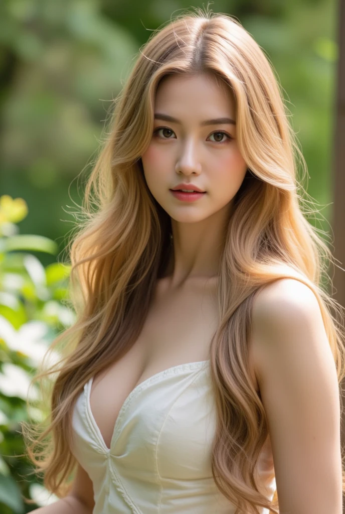 best qualtiy, masterpiece, (realistic:1.6), raw photograph, 1girl, portrait, white lace trim dress, view from side, deep shading, low tune, soft light, looking to the front, sexy pose, long blonde hair, outdoor,water park background, evening time, rim light,