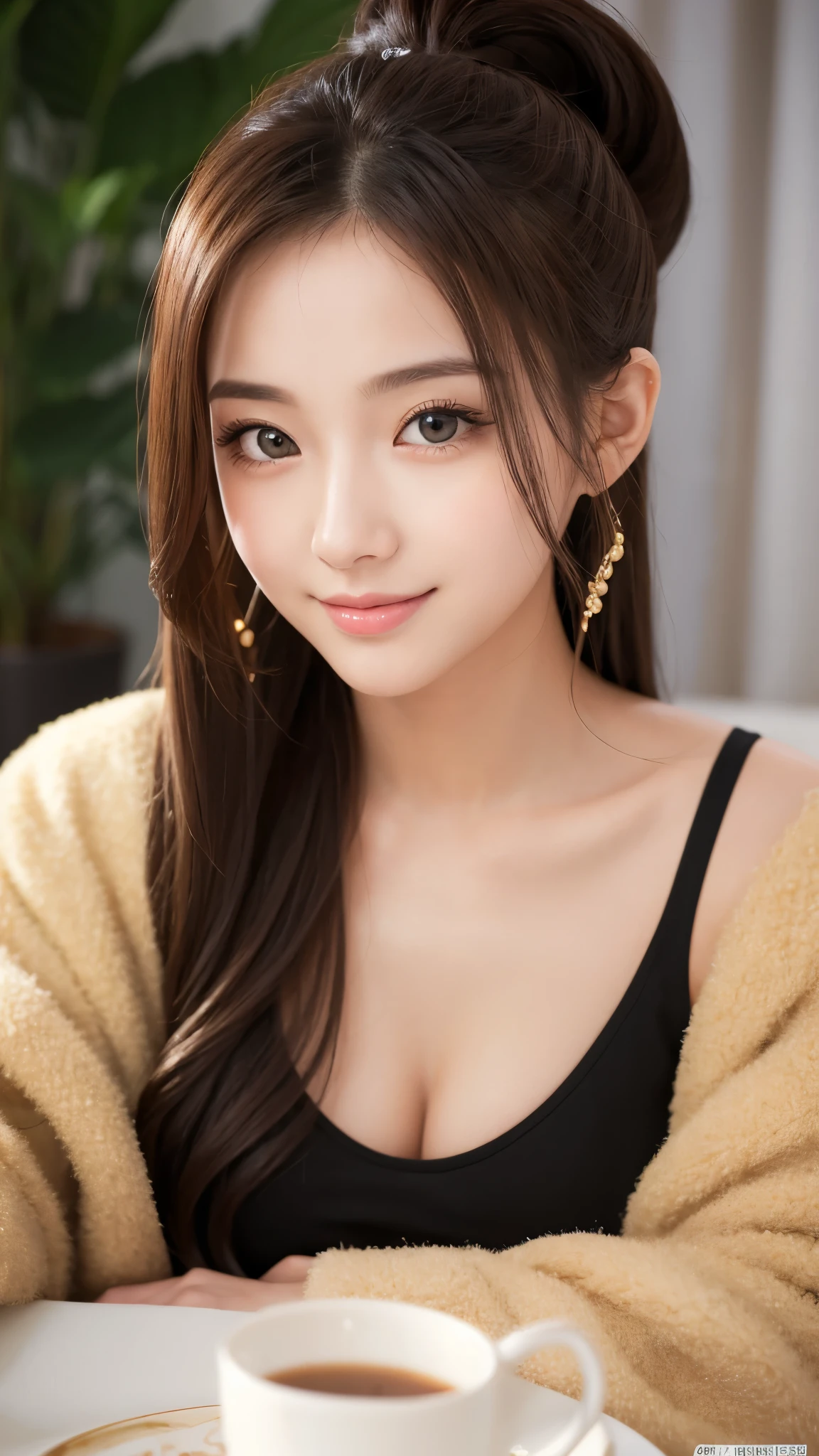 A girl wearing a cute knit dress、Off the shoulder、messy hair、Enjoy a delicious dinner on a warm Christmas evening。Around her、A dining table sparkling with Christmas decorations.、Create a warm atmosphere。smile:1.1、Holding a fork、people eating special christmas meal々Depicting。.。.。The scent of dinner and the cold of winter mix together...、Enjoy your time、freckles、24-years-old、necklace、Earrings、Small breasts、cleavage 、Eye-detailed resolution