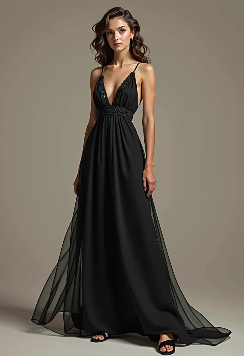 one female character, Brunetette, cabelos longos e negros, lightbrown eyes, with a standard face, americana, slim , and with a dress that goes down to the calf, black gown