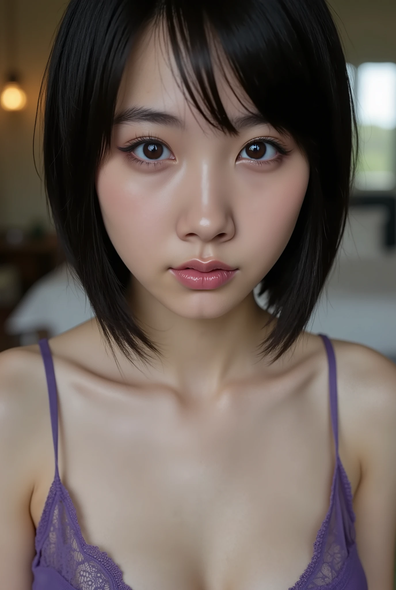 (( best quality )), ((masterpiece)), ( details), first-person view ,1 Girl, sexy,( Bringing Your Face Closer ),((mouth wide open)),((Big Breasts, purple underwear, short bob hair)), black hair , (( without makeup, small eyes))