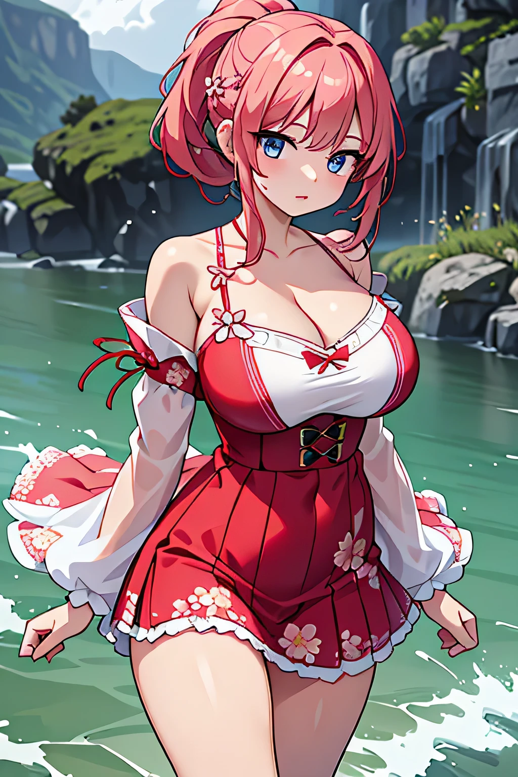 ((Highest quality)), ((masterpiece)), (detailed), Female university student、Pink twin tails、Sunny、A row of cherry blossom trees with a stream flowing through it.、Slightly backlit、topless、Super miniskirt with ruffles、Big thighs、Big Boobs、Nipples erect、Sexy pose、wrinkles of the female genitalia、looking at the camera、Red cheeks、Embarrassed expression、Sweat a lot、