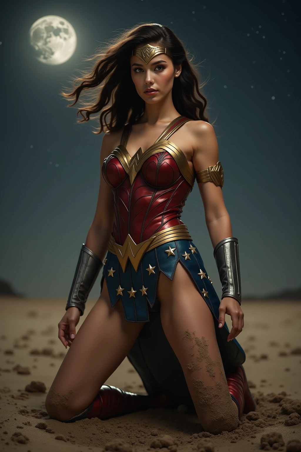 Wonder woman, Portrait photo by Altgarm, realism style, Glowing skin, Cartoon hero, Defined lips, Strong physical strength, Feminine body, Full body, viewer, Depth of field f/1.8, natta, ultra wide lens, ((Shooting from below)), (large udder:1.2), Ancient Greece, Stars in the night sky, sacred place, Rear view climbing the stone steps,