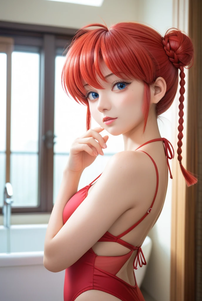 Anime girl with red hair black rabbit headband red swimsuit, beautiful anime girl, cute anime girl