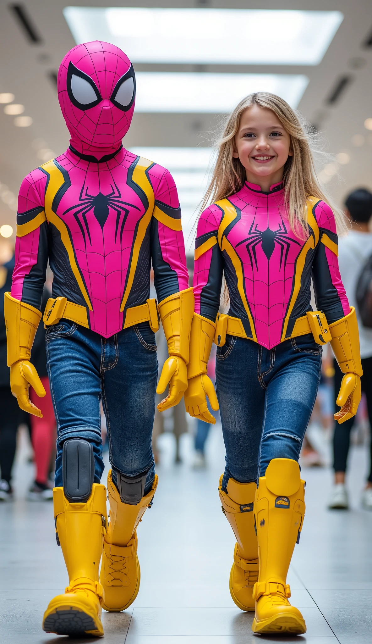 character: 1 boy with mask full head, and 1 girl with blonde hair.
action: Walk straight and look straight ahead.
Expression : smiling.
Costume : they Wearing pink Spiderman with yellow futuristik armor.
Background : A bright indoor public space , with people vaguely seen in the distance, shows that this picture was taken at a fun event or get-together, maybe a convention or costume . They radiate happiness as they walk confidently in their superhero costumes. Show the whole body.
