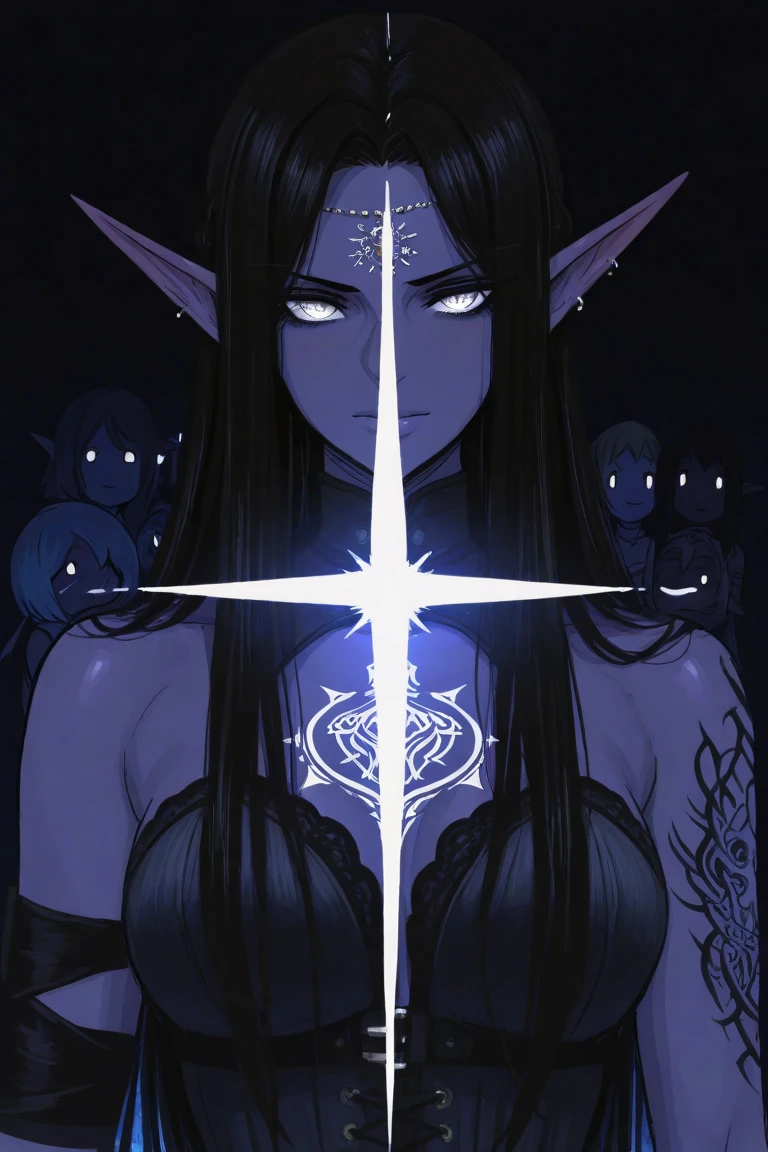 1girl,30s,sensual,black langerie,cleavage,medusa hair,pointy ears,black hair,long hair,((red skin,colored skin)),night,moon,floating,evil smile,dynamic pose,demon girl,head wings