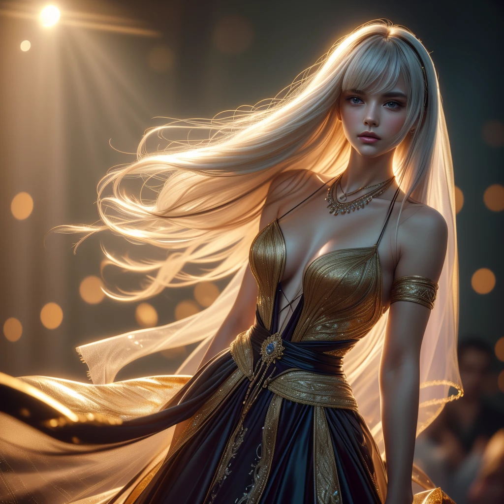 ((A Spectacle of Unmatched Brilliance, Tantalizingly Crafted for the Silver Screen's Embrace)), ultra-highres 8k, cinematic light conducting an elaborate, high-contrast ballet across her countenance, artfully blurring the depth of field to accentuate her radiant charm. The intricate background of the pulsating nightclub, a captivating blend of dark shadows and shimmering lights, contributes to the enthralling ambiance. The woman, with her half-back tresses of golden locks cascading down her shoulders like a flow of liquid gold, embellished with long eyelashes that threw elongated shadows under the stage lights