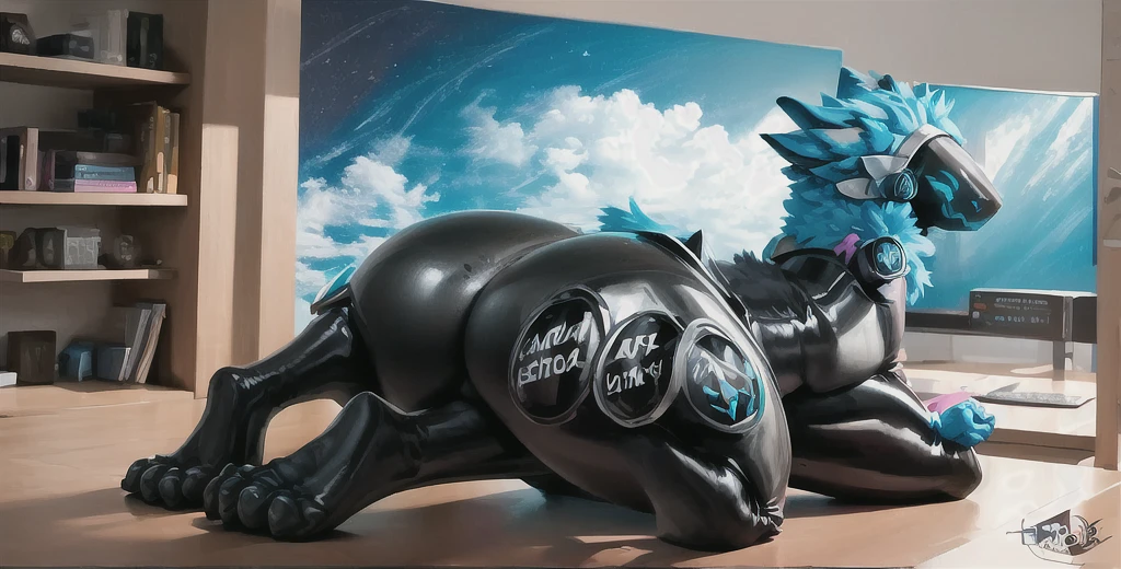 Protogen with cyan and white fur with black visor, standing with huge ass, squatting, ass facing camera, legs spread wide