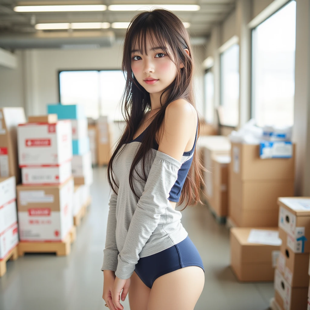 Realistic pretty Japanese teenage girl, dark hair tied, erotic, squatting in warehouse before bath, smooth back, crossed arms, smooth ass, from behind looking at viewer, foremen in background
