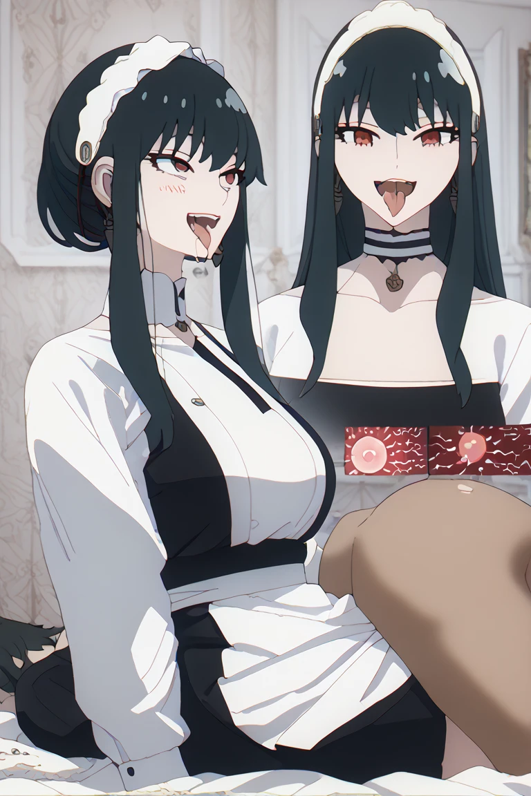 1 Female, 1, Long black hair, Red eyes, ((Black Pantyhose)),living room, ((Holding her 6-year-old daughter)), (((Yumeko Snake Eater))), ((Naked people)), ((whole body))