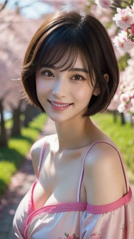 highest quality, Ultra-high resolution, (Realistic:1.4), One girl, (Faded grey hair:1), View your viewers, close ,((highest quality, 8k, masterpiece :1.3)), (Random Hairstyles, Huge breasts :1.2), Morning sunlight、Highly detailed face, Fine grain, double eyelid,cute,Mature Milf Young,wonderful,whole body,素敵なPerfect Face、Soft Skin、Perfect Face,Gorgeous long wavy brown hair,8k resolution,Under the cherry trees in spring、(Woman looking up at the camera and smiling)。She was wearing a white open-necked blouse and a pleated skirt.、Over that she wears a loose pink cardigan.。Cherry blossoms fluttering around、The background is a bright green grassland。The images have a bright and refreshing feel.、(((It is shot from an overhead perspective))。In high resolution、Spring warmth and flowers々The delicate colors of。