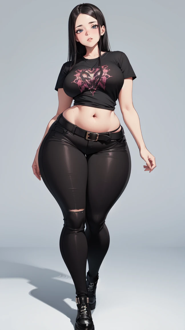 blank background, (((full body))), (masterpiece), ((best quality)), ((tall girl)), straight hair (curvy:1.5), (punk girl), shoes, belt below navel, black hair, wide hips, (black jeans), (short sleeves), arm tattoo