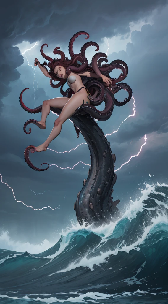 sexy marine monster, female body, dark purple tentacles hair. full body. thunderstorm, very rough sea, high waves, very dark, many bright lightnings
