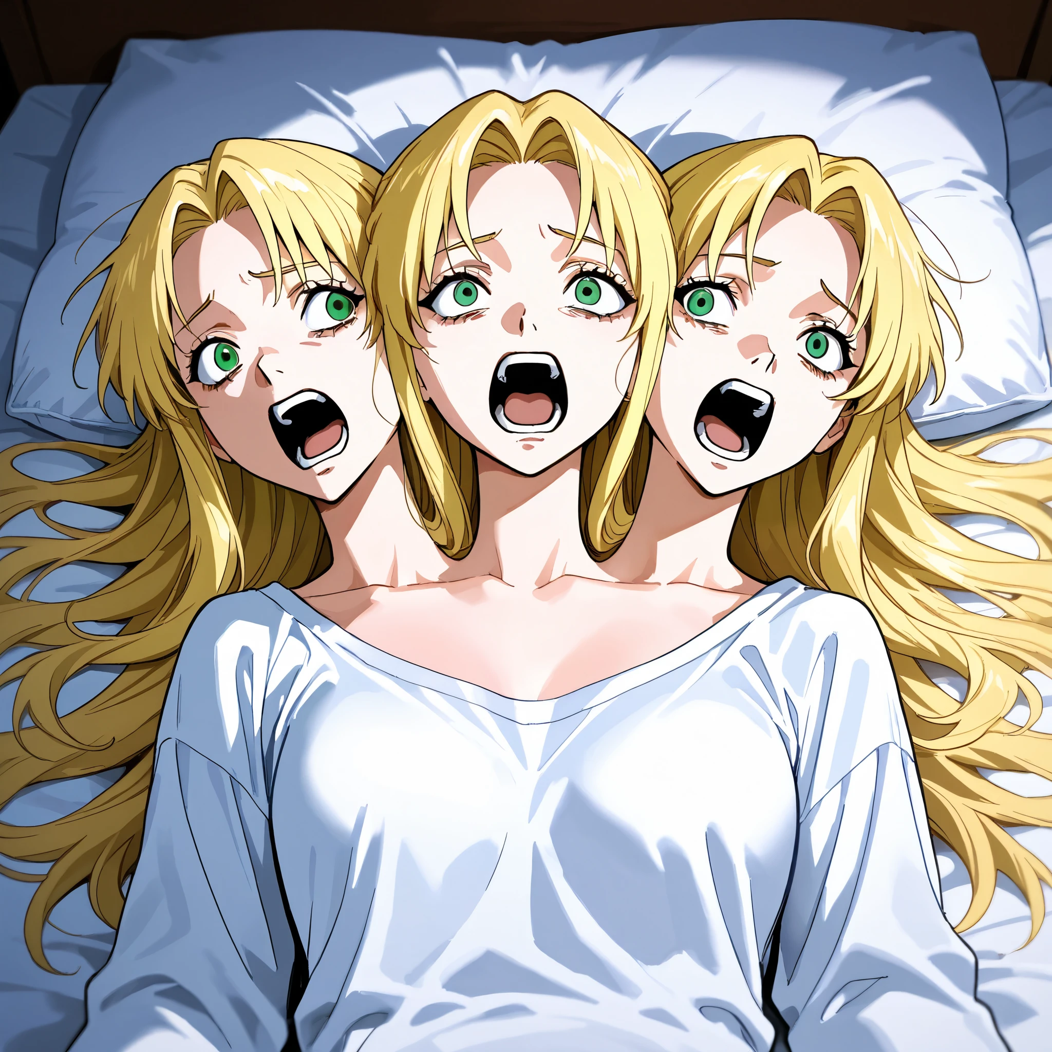 anime girl with three heads, long blond hair, green eyes, all heads looking at each other, lying in bed, screaming in shock and horror, white oversized pajama shirt